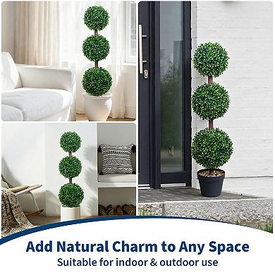 3FT Artificial Triple Ball Boxwood Topiary Tree with Black Planter, Set of 2