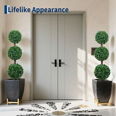 3FT Artificial Triple Ball Boxwood Topiary Tree with Black Planter, Set of 2