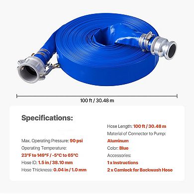 Backwash Hose Kit with Stainless Steel Clamps for Water, Sewage, and Irrigation, Blue