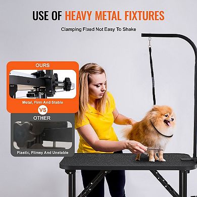 Pet Grooming Table with Adjustable Arms, Non-Slip Tabletop, and Lower Storage Shelf for Home