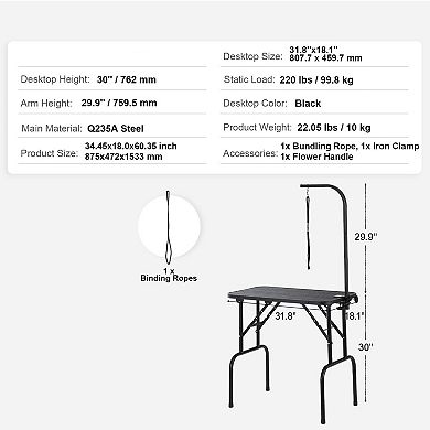 Pet Grooming Table with Adjustable Arms, Non-Slip Tabletop, and Lower Storage Shelf for Home