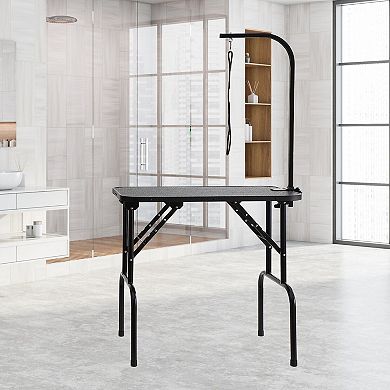 Pet Grooming Table with Adjustable Arms, Non-Slip Tabletop, and Lower Storage Shelf for Home