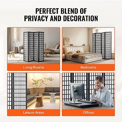 Japanese Style Folding Room Divider Screen, 4 Panel Privacy Screen for Bedroom or Office
