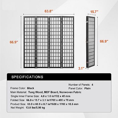 Japanese Style Folding Room Divider Screen, 4 Panel Privacy Screen for Bedroom or Office