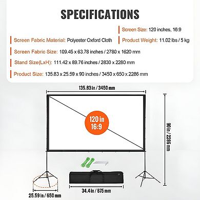 Indoor Outdoor 120-Inch Projector Screen with Stand, Wide Viewing Angle Display, Black