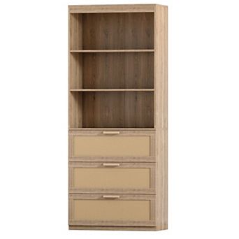 Tall Bookshelf with Drawers, Rattan-Style Storage Shelf for Living Room or Bedroom