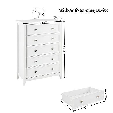 5-Drawer Storage Cabinet with Metal Handles for Bedroom or Office - White