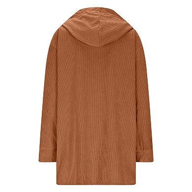 Women's Corduroy Hooded Jacket Long Sleeves Ribbed Detailing Warm Outerwear With Front Pockets