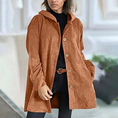 Women's Corduroy Hooded Jacket Long Sleeves Ribbed Detailing Warm Outerwear With Front Pockets