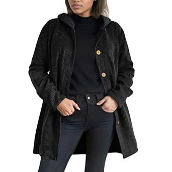 Women's Corduroy Hooded Jacket Long Sleeves Ribbed Detailing Warm Outerwear With Front Pockets