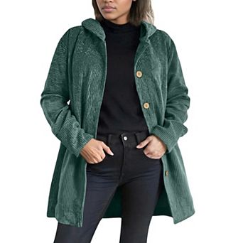 Women's Corduroy Hooded Jacket Long Sleeves Ribbed Detailing Warm Outerwear With Front Pockets
