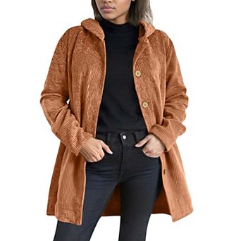 Women's Corduroy Hooded Jacket Long Sleeves Ribbed Detailing Warm Outerwear With Front Pockets