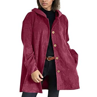 Women's Corduroy Hooded Jacket Long Sleeves Ribbed Detailing Warm Outerwear With Front Pockets