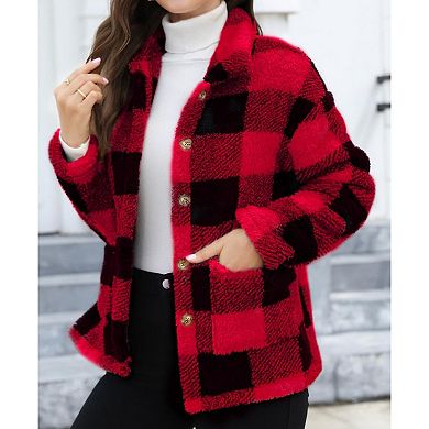 Women Fleece Winter Coats Plaid Button Down Shacket Casual Warm Coat Outwear