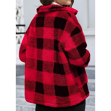 Women Fleece Winter Coats Plaid Button Down Shacket Casual Warm Coat Outwear