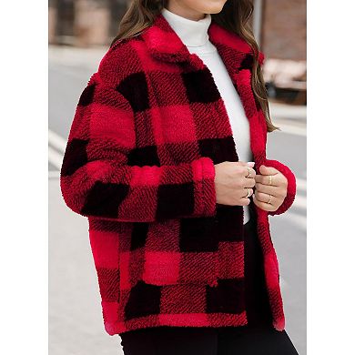 Women Fleece Winter Coats Plaid Button Down Shacket Casual Warm Coat Outwear