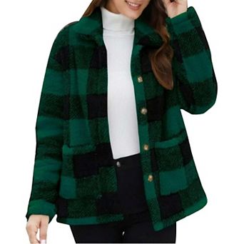Women Fleece Winter Coats Plaid Button Down Shacket Casual Warm Coat Outwear