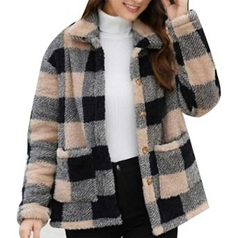 Women Fleece Winter Coats Plaid Button Down Shacket Casual Warm Coat Outwear