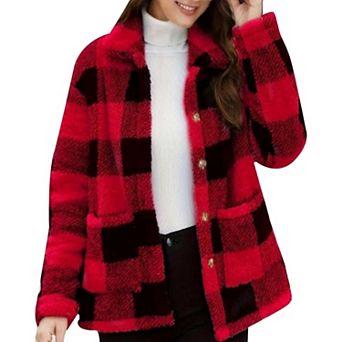Women Fleece Winter Coats Plaid Button Down Shacket Casual Warm Coat Outwear