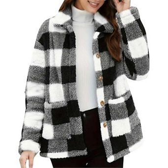 Women Fleece Winter Coats Plaid Button Down Shacket Casual Warm Coat Outwear