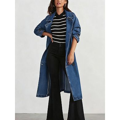 Women's Double Breasted Lapel Belted Maxi Long Denim Jacket Long Sleeve Jean Coat with Pockets