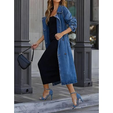 Women's Double Breasted Lapel Belted Maxi Long Denim Jacket Long Sleeve Jean Coat with Pockets