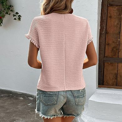 Women Summer Tops Casual Round Neck Cap Short Sleeve Ruffle T Shirts