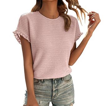 Women Summer Tops Casual Round Neck Cap Short Sleeve Ruffle T Shirts