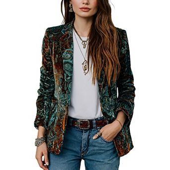 Women Autumn Winter Casual Velvet Blazer Notched Lapel Velour Cardigan Jacket Coat