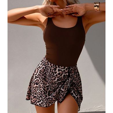 Women's One Piece Swimsuit with Leopard Print Skirt U-Neck Sleeveless Bathing Suit for Beach & Pool