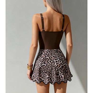 Women's One Piece Swimsuit with Leopard Print Skirt U-Neck Sleeveless Bathing Suit for Beach & Pool
