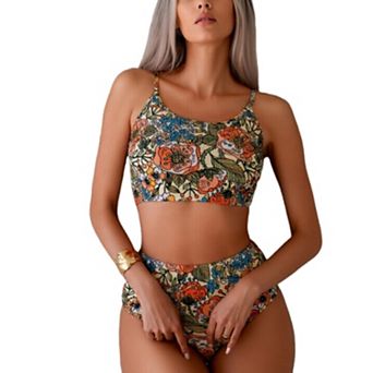 Women's 2 pc Bikini Sets High Waisted Crew Neck Adjustable Spaghetti Straps Bathing Suit