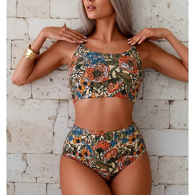 Women's 2 Piece Bikini Sets High Waisted Crew Neck Adjustable Spaghetti Straps Bathing Suit