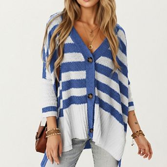 Women's Striped Button Front Knit Top with V-Neckline, Relaxed Fit, and Drop Shoulder Sleeves