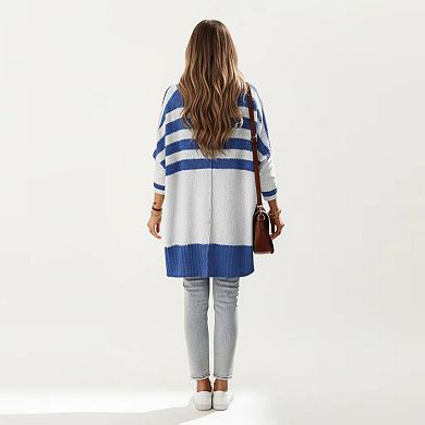 Women's Striped Button Front Knit Top with V-Neckline, Relaxed Fit, and Drop Shoulder Sleeves