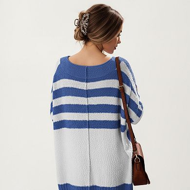 Women's Striped Button Front Knit Top with V-Neckline, Relaxed Fit, and Drop Shoulder Sleeves