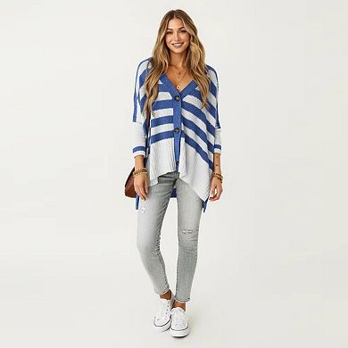 Women's Striped Button Front Knit Top with V-Neckline, Relaxed Fit, and Drop Shoulder Sleeves