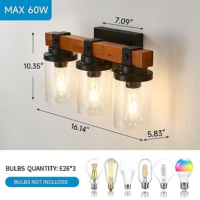 ELEMENT ACE Three-Light Matte Black and Wooden Wall Lamp Set with Clear Glass Shades