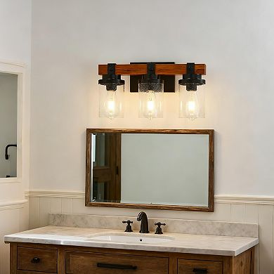 ELEMENT ACE Three-Light Matte Black and Wooden Wall Lamp Set with Clear Glass Shades