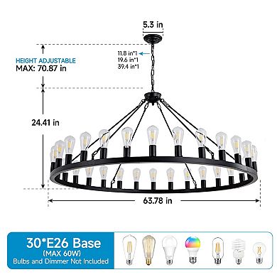 ELEMENT ACE 64 Inch Matte Black Wagon Wheel Chandelier With 30-Lights (No Bulbs)-E26