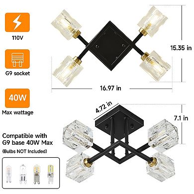 ELEMENT ACE Modern Crystal Ceiling Light Fixture with Four Lights and Matte Black Finish