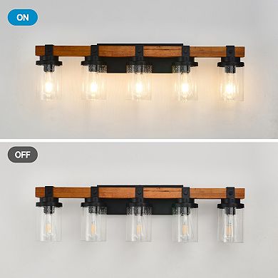 ELEMENT ACE 5-Light Matte Black and Wood Accent Wall Lamps with Clear Glass Shades