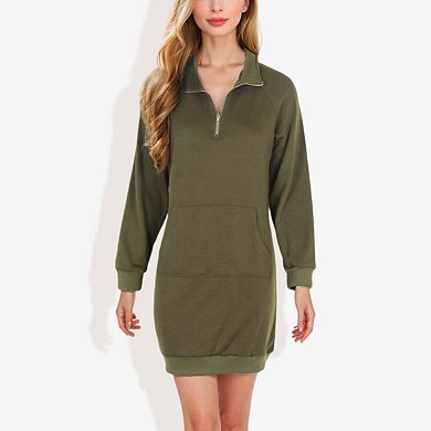 Women's Cuffed Solid Kangaroo Pocket Zipper Mini Dress