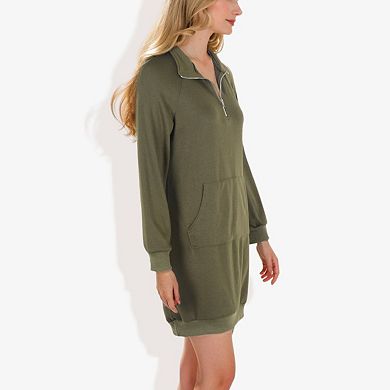 Women's Cuffed Solid Kangaroo Pocket Zipper Mini Dress
