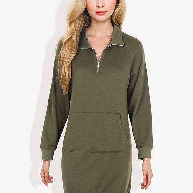 Women's Cuffed Solid Kangaroo Pocket Zipper Mini Dress