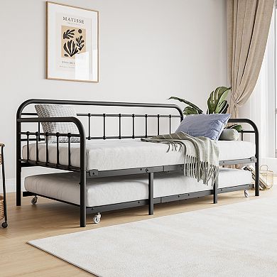 GOODSILO Twin Size Metal Daybed Frame with Trundle and Headboard