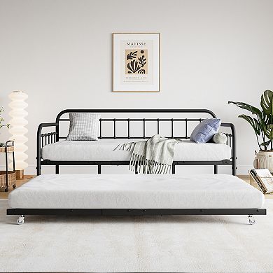 GOODSILO Twin Size Metal Daybed Frame with Trundle and Headboard