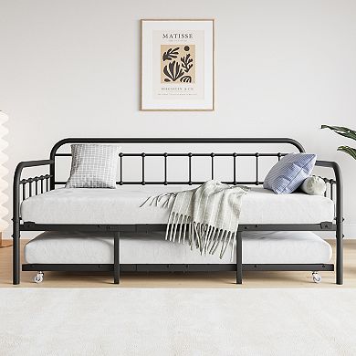 GOODSILO Twin Size Metal Daybed Frame with Trundle and Headboard