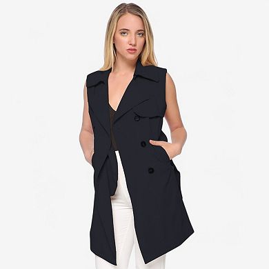 Women's Sleeveless Trench Coat with Button Front and Pocket Detail