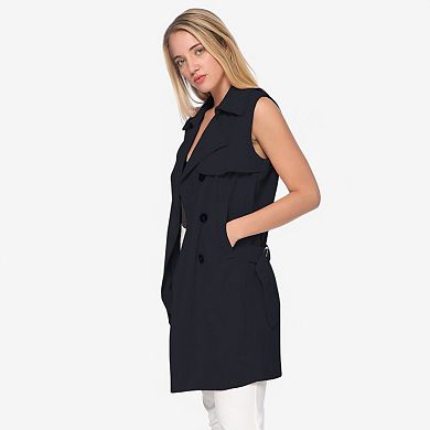 Women's Sleeveless Trench Coat with Button Front and Pocket Detail